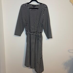 Lane Bryant Black and White Striped A-Line Dress Tie Belt Pockets Size 18/20